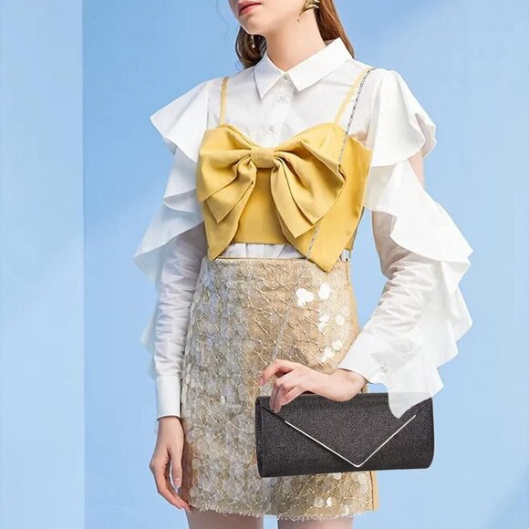 Women Black Larcenciel Sparkel Envelope Clutch Detachable Chain with Evening bag - Picture 2 of 7